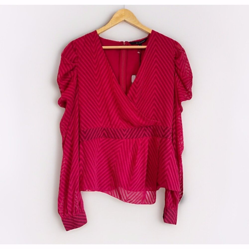 Walter Baker Women’s Red Belinda Sheer Chevron Wrap Top XL Holiday Evening
